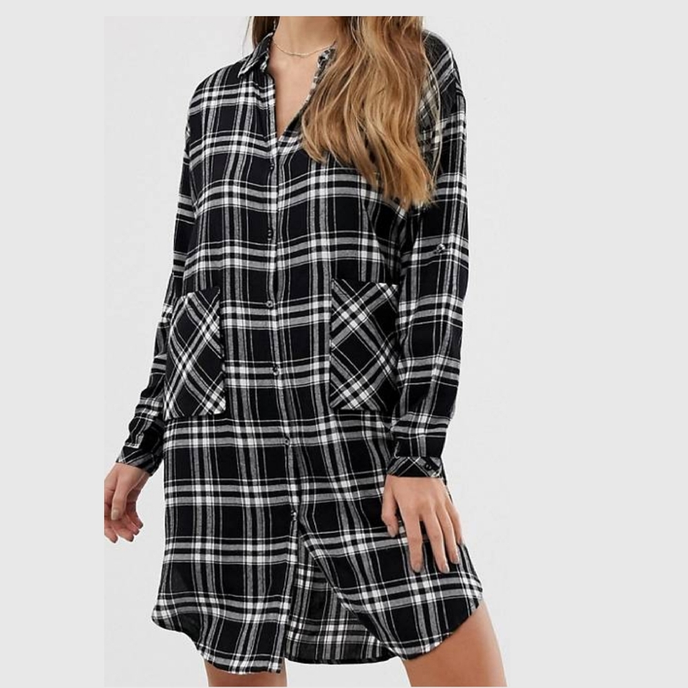 NWOT Checked Black Grey White Shirt Dress